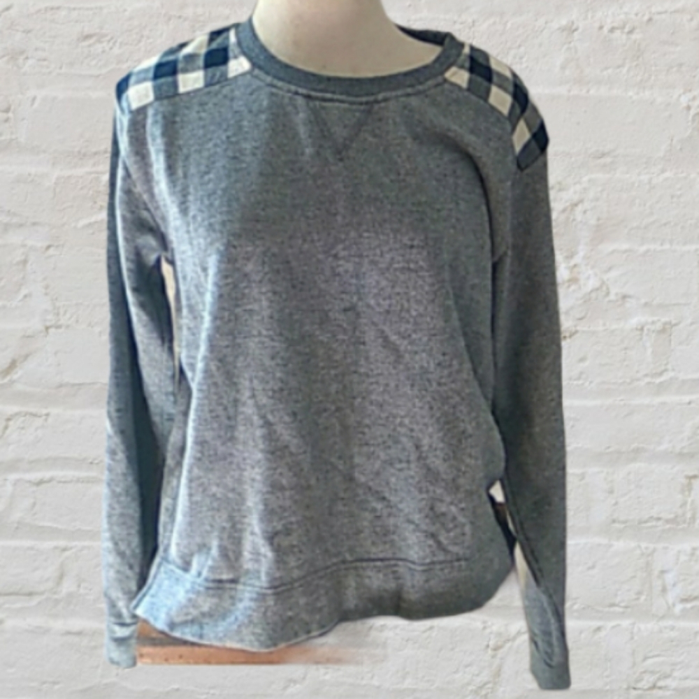 Orvis Gray Sweater with Blue Checkered Shoulders